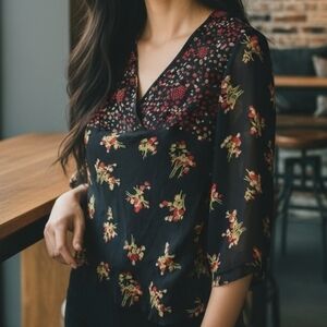 Silkland 100% Silk Shirt Petite Medium Black Red Beaded Y2K Whimsical Peasant